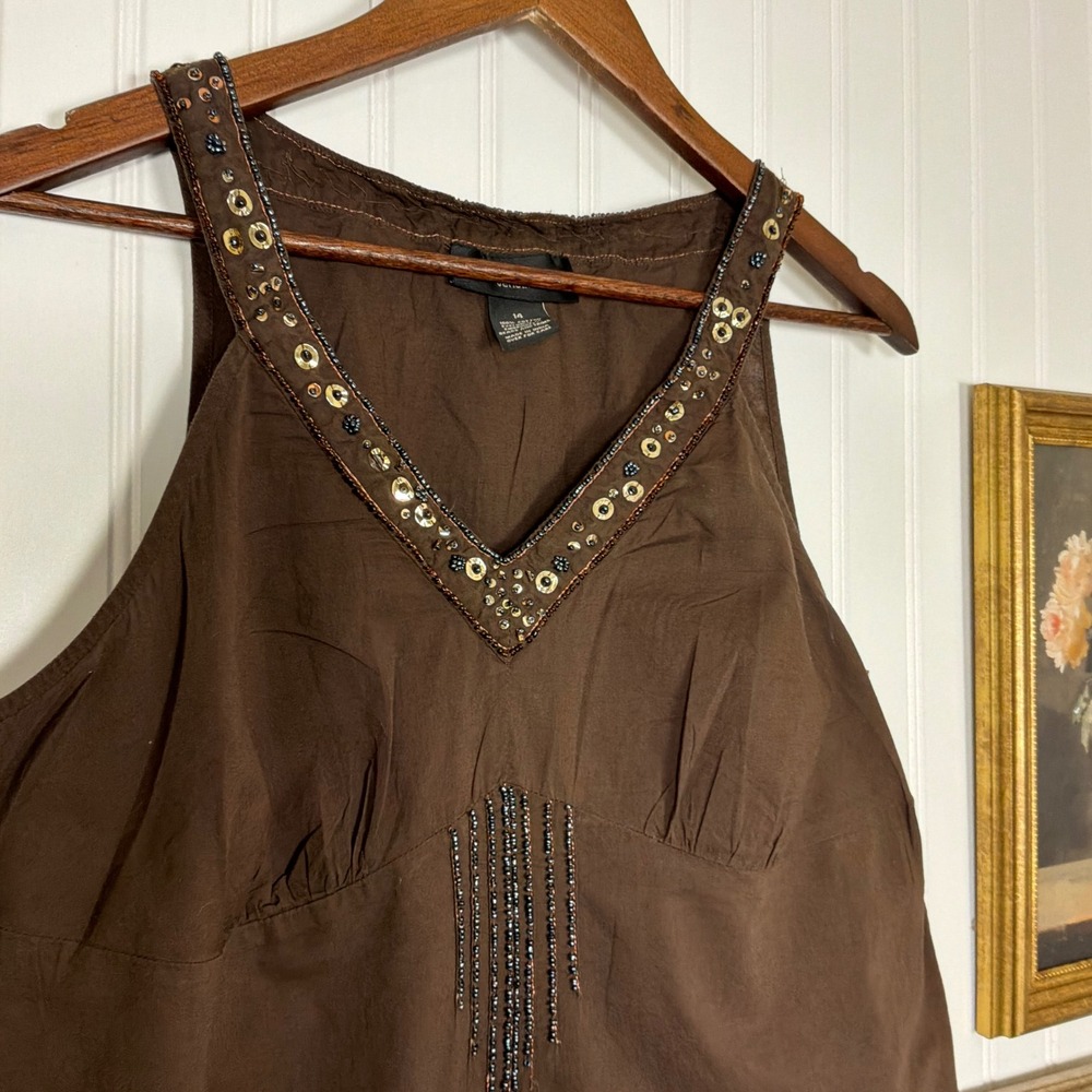 Venezia Sleeveless Tank Top Womens Size 14 Brown Excellent Beaded V-Neck Cotton - Picture 2 of 6